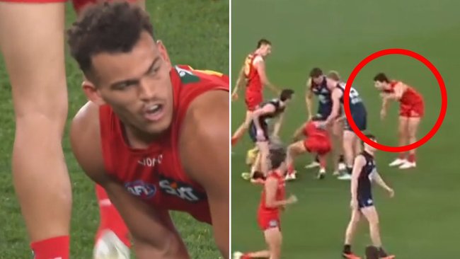Suns pair involved in heated on-field exchange as Leo Lombard appears to tell Christian Petracca to ‘f*** off’